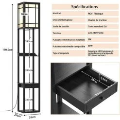 COSTWAY Lampadaire Etagère Salon 1,6M Avec 2 Ports USB,1 Tiroir Et 3 Etagères De Stockage Etagère De Présentation Pour Chambre 60W -Lampadaire Soldes 2022 61219875 5
