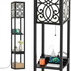 RELAX4LIFE Lampadaire Salon Sur Pied Avec 1 Tiroir, 2 Ports De USB Et 1 Prise Femelle 120V, Lampadaire Étagère USB 160cm à 3 Étagères, Lumière Décoration Pour Chambre Bureau Hôtel(Modèle 1, Motif 2)