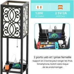 RELAX4LIFE Lampadaire Salon Sur Pied Avec 1 Tiroir, 2 Ports De USB Et 1 Prise Femelle 120V, Lampadaire Étagère USB 160cm à 3 Étagères, Lumière Décoration Pour Chambre Bureau Hôtel(Modèle 1, Motif 2) -Lampadaire Soldes 2022 64130107 3
