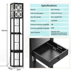 RELAX4LIFE Lampadaire Salon Sur Pied Avec 1 Tiroir, 2 Ports De USB Et 1 Prise Femelle 120V, Lampadaire Étagère USB 160cm à 3 Étagères, Lumière Décoration Pour Chambre Bureau Hôtel(Modèle 1, Motif 2) -Lampadaire Soldes 2022 64130107 4