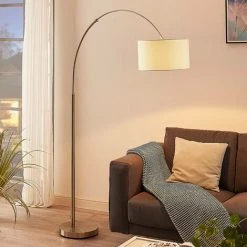 LINDBY Lampadaire 'Railyn' En Textile Pour Salon & Salle à Manger - Crème, Nickel Satiné